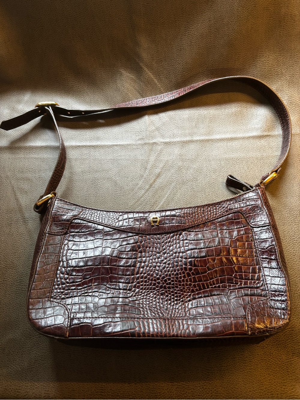 Etienne Aigner Brown Croc-Embossed Shoulder Bag with Gold Hardware
